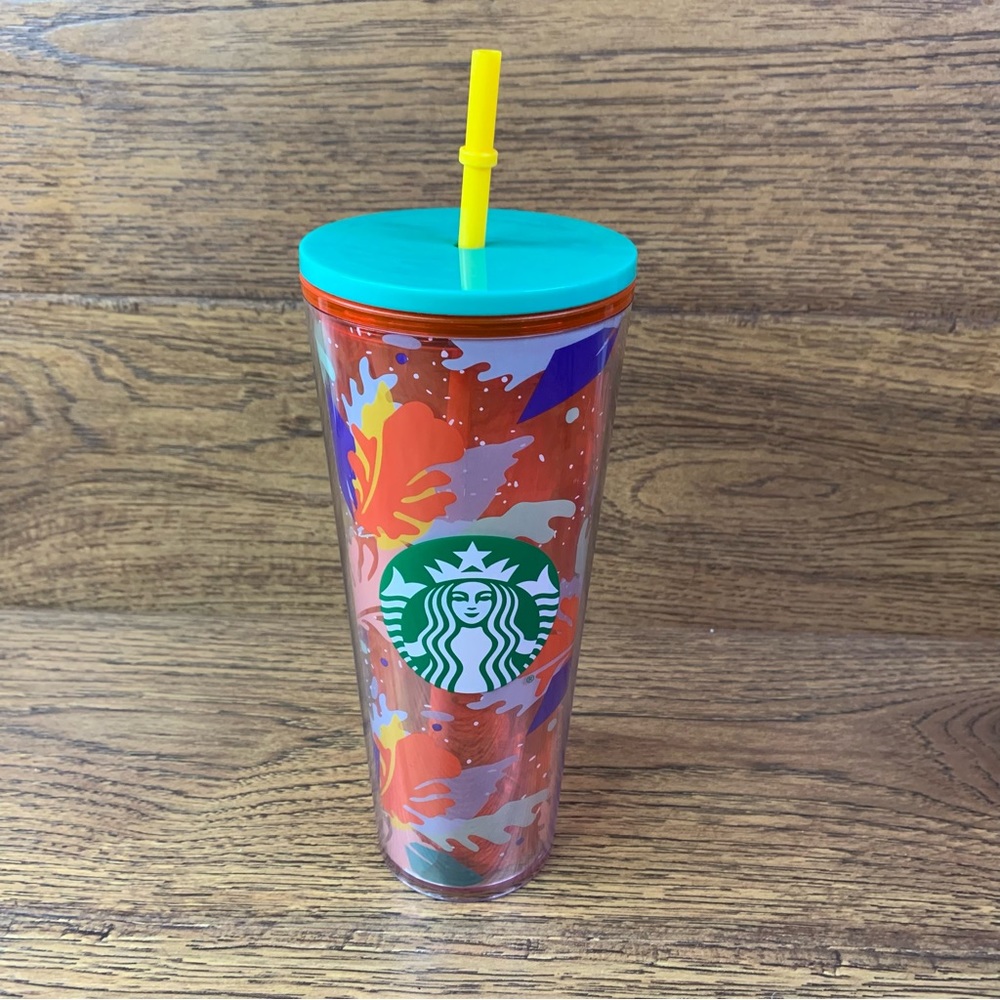 Starbucks Tumbler Hibiscus Leaf 24 oz Red Acrylic Cold Cup with Straw